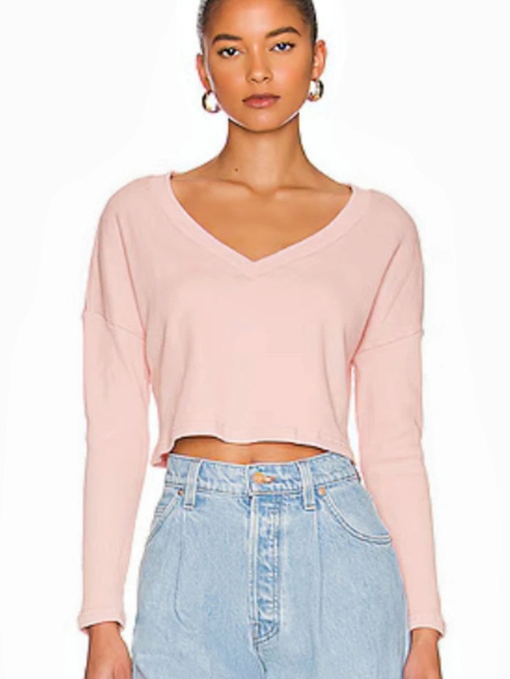 All The Ways Soft Pink Deep V Cropped Long Sleeve Knit Top Size XS